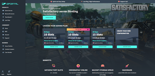 gportal dashboard for hosting satisfactory