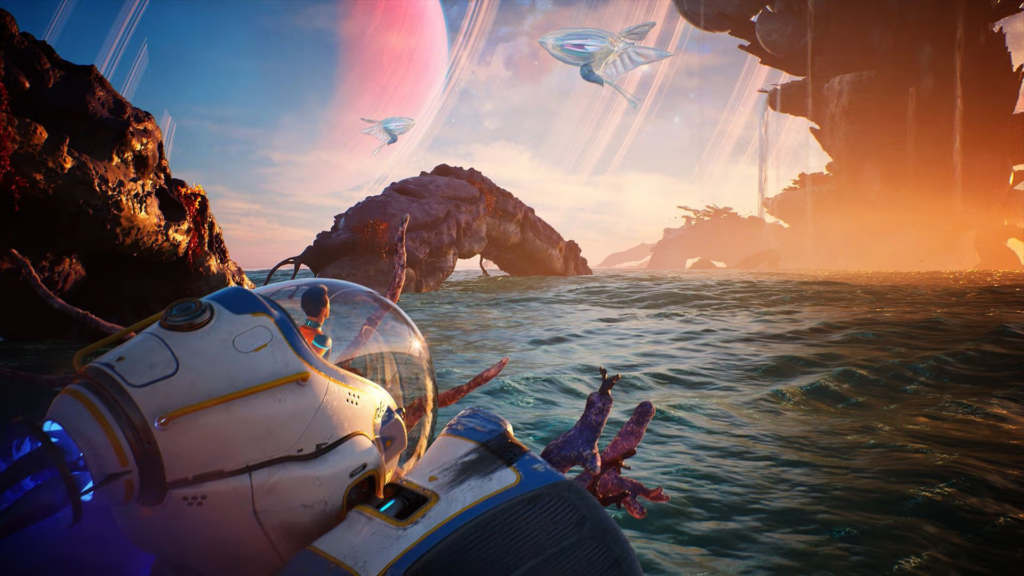 a sunrise in subnautica with a ship above water 