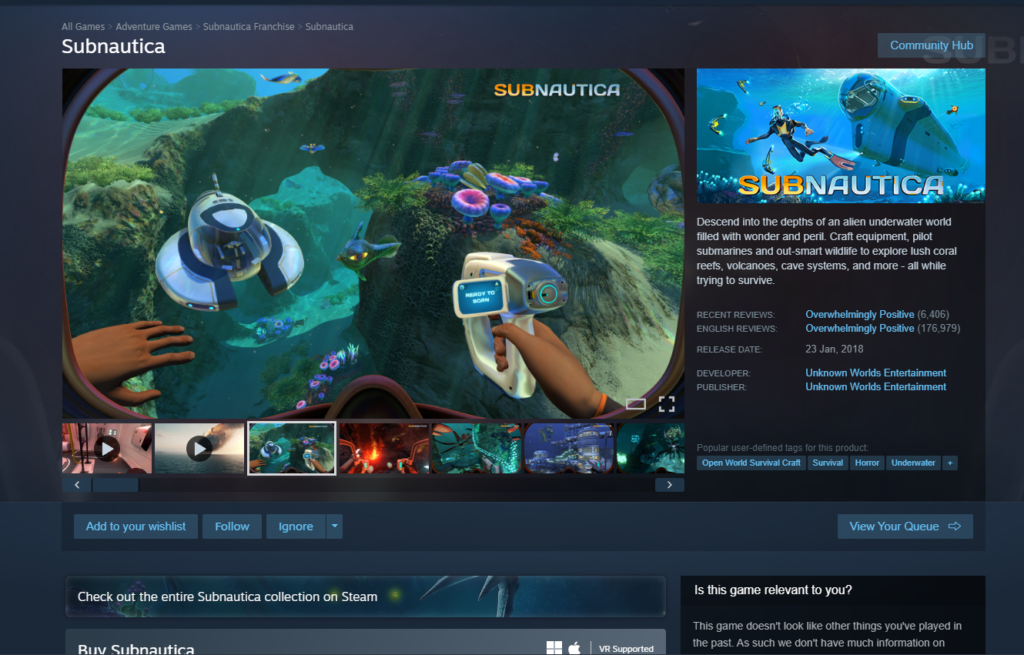subnautica steam page with reviews 