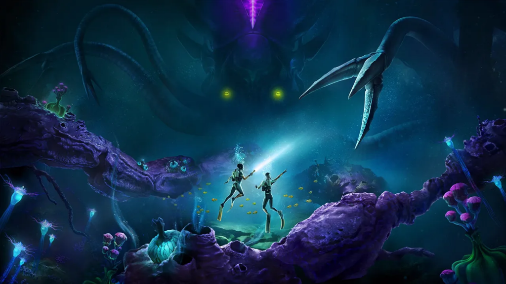 subnautica with 2 players watching a big creature