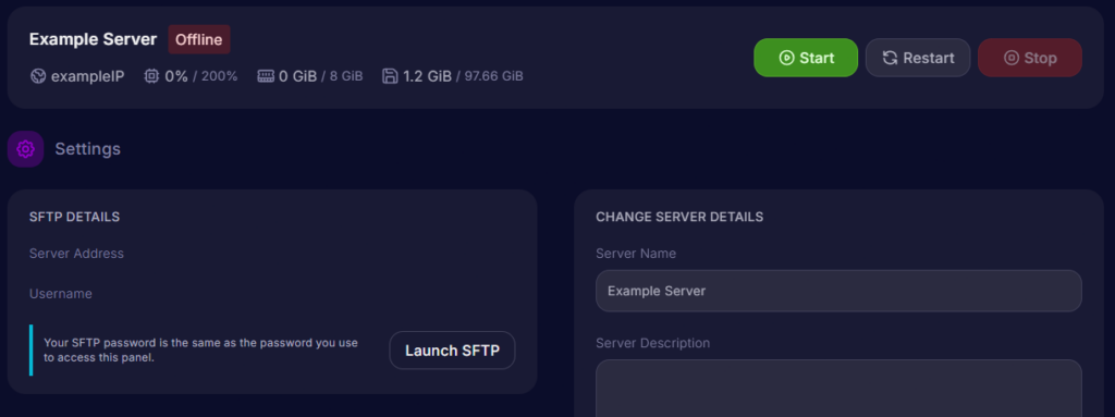 Server details and SFTP details in Cybrancee's Minecraft server control panel