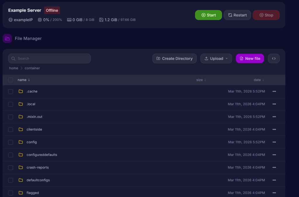 The file manager for a Minecraft server