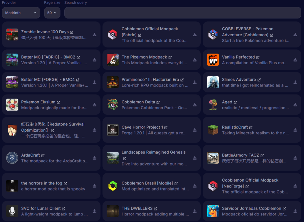 List of compatible mods from Modrinth in the Cybrancee panel