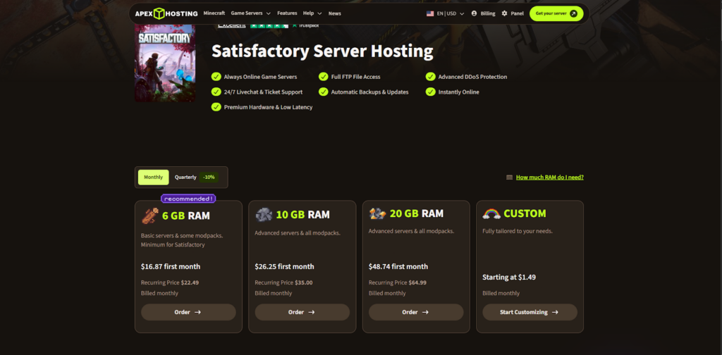 apex hosting dashboard for satisfactory