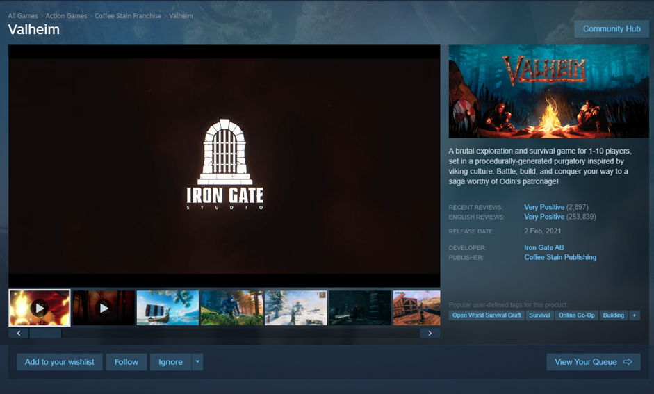 the steam store page for the game named valheim