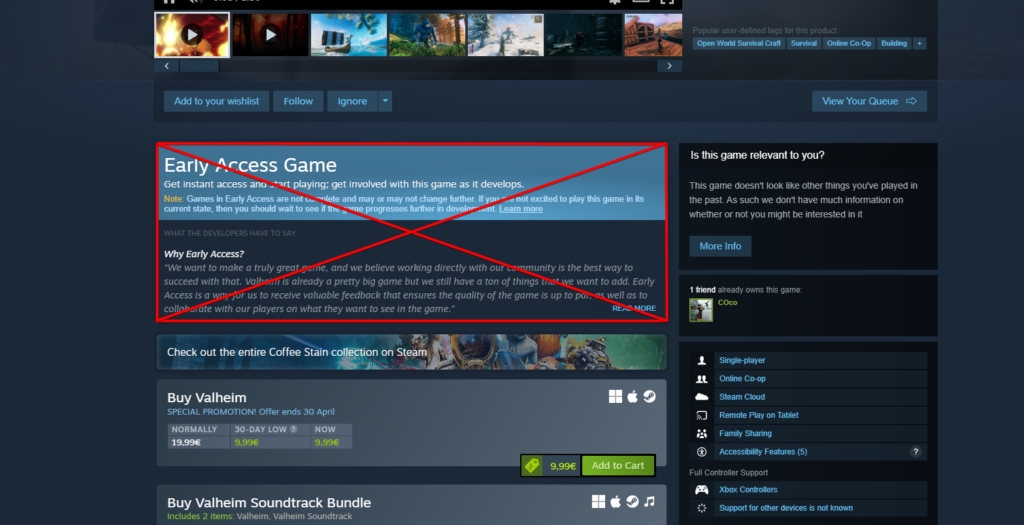 valheim steam store page with an X on the early access game tag