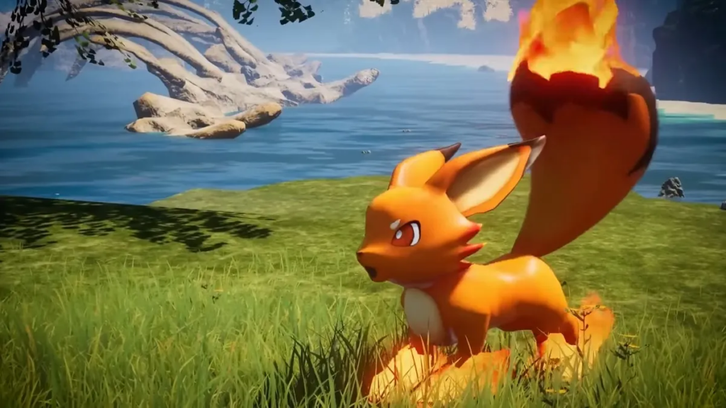 Foxparks standing near water with flame tail