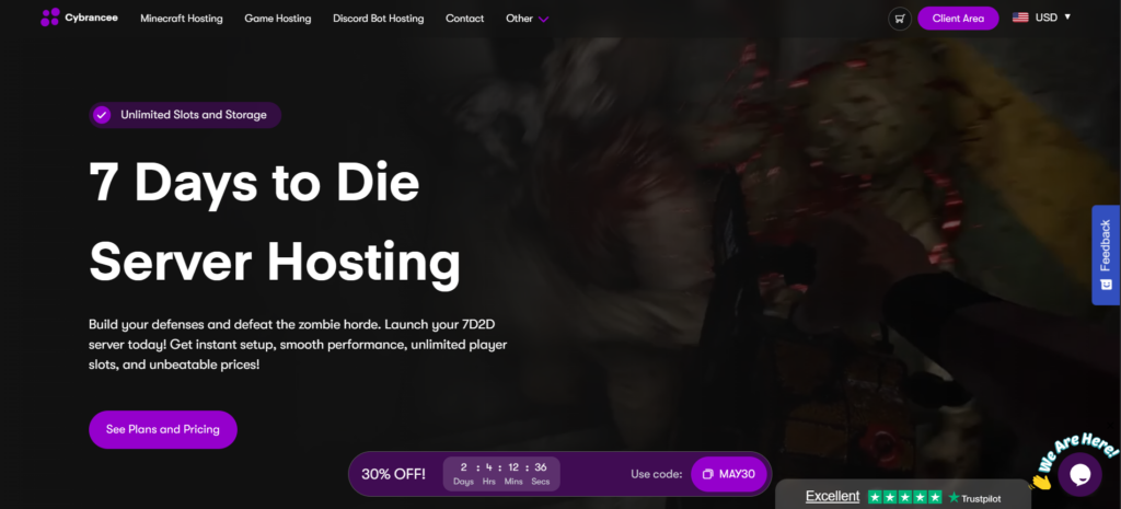 Cybrancee 7 days to die server hosting page