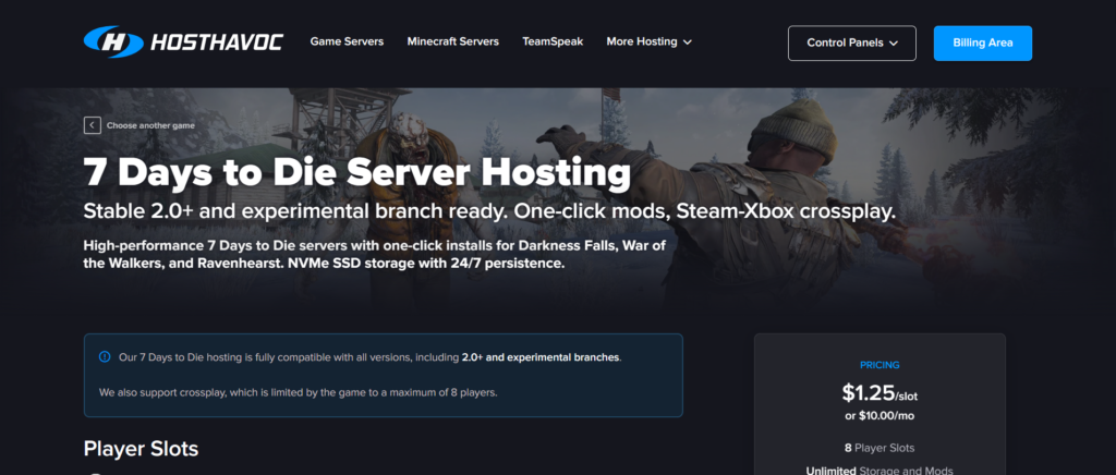 HostHavoc 7 days to Die server hosting page