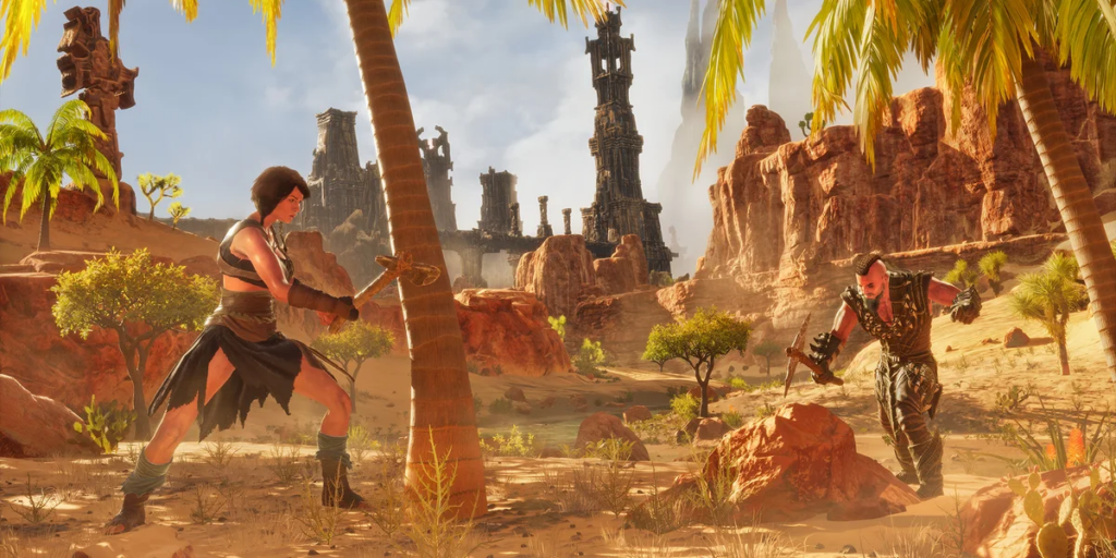 a conan exiles enhanced player chopping down a tree 