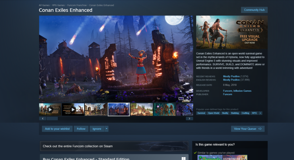 steam page of conan exiles enhanced  with the new reviews