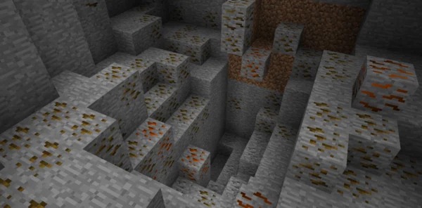 Different types of ores in a large vein from the GregTech New Horizons modpack