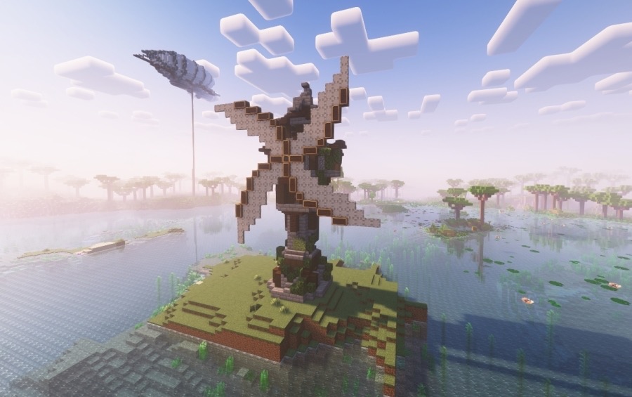 A windmill on an island from the All of Create modpack