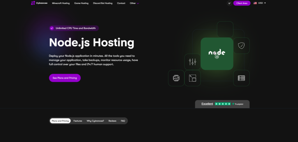 cybrancee hosting page for node.js
