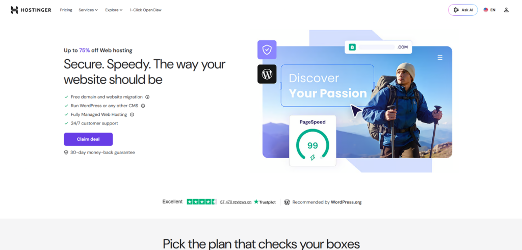 hostinger hosting page for node.js