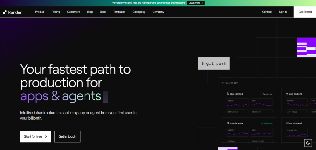 render hosting page for node.js