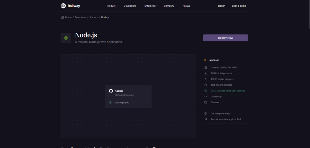 railway hosting page for node.js