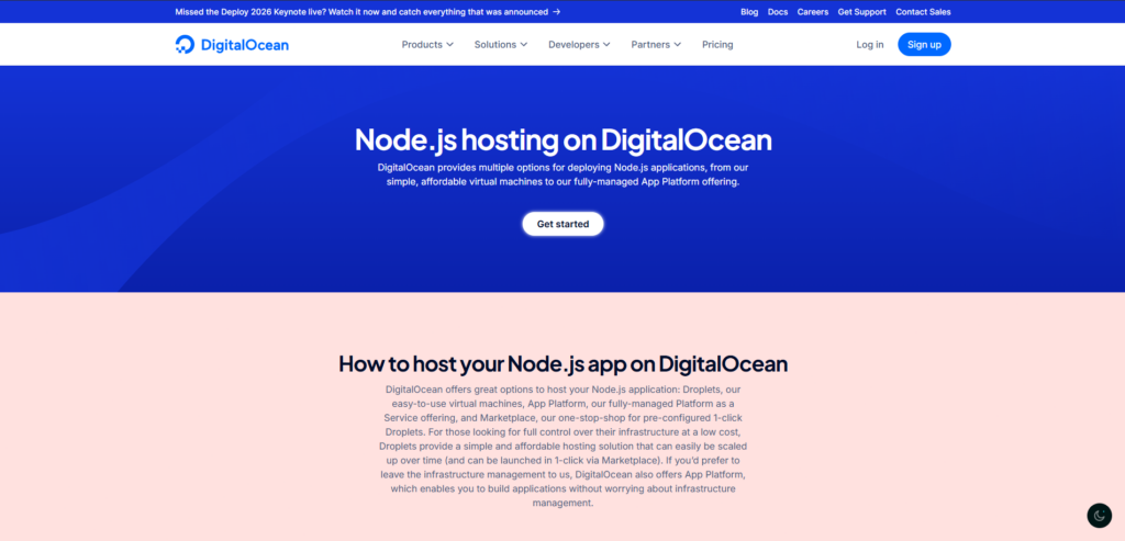 digitalocean hosting page for node.js