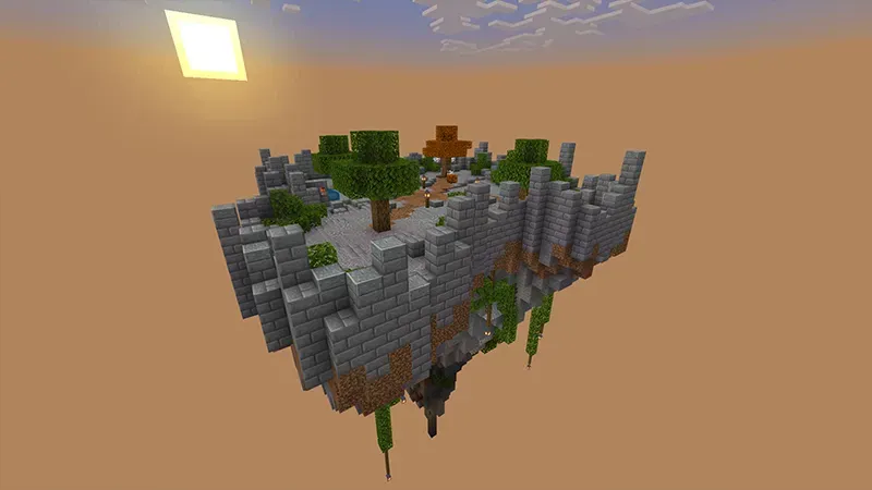 A floating island with trees and resources from the FTB Skies 2 modpack