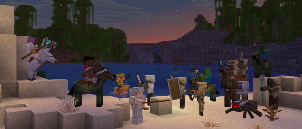 Players fighting zombies and skeletons with horses and swords