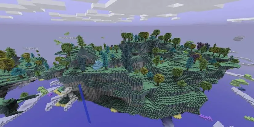 A floating island with tress in the Aether Dimension, included in All The Mods 10