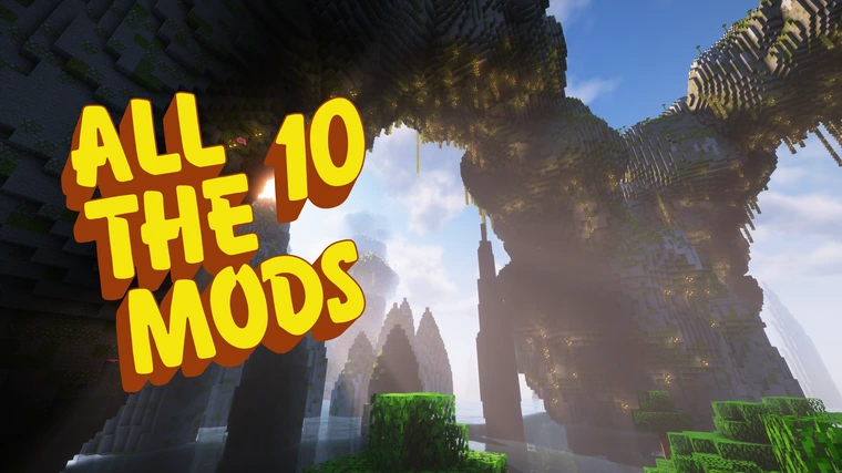 All The Mods 10 Logo with a mountain in the background
