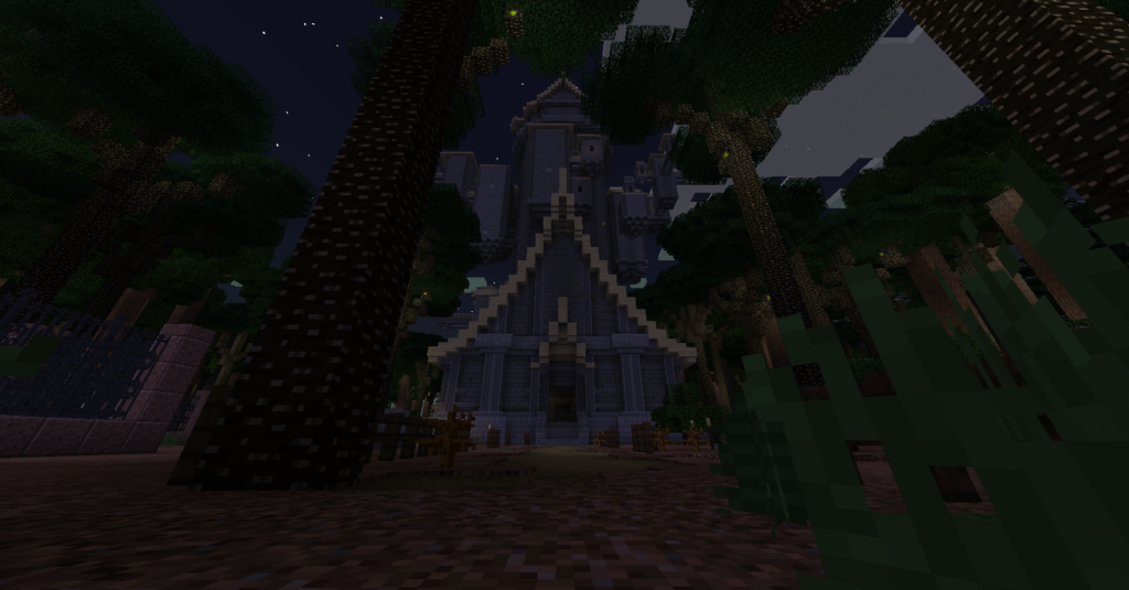 The Twilight Forest dimension with a house at night from the GregTech New Horizons modpack