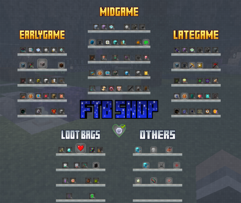 The shop with items and loot bags from the Feed The Beast Skies 2 modpack