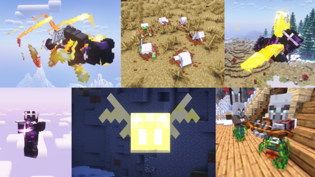 6 photos showcasing spells from Iron’s Spellbooks mod. Spells include fire, flight, and more