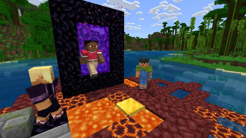 Three Minecraft players with one coming out of a nether portal