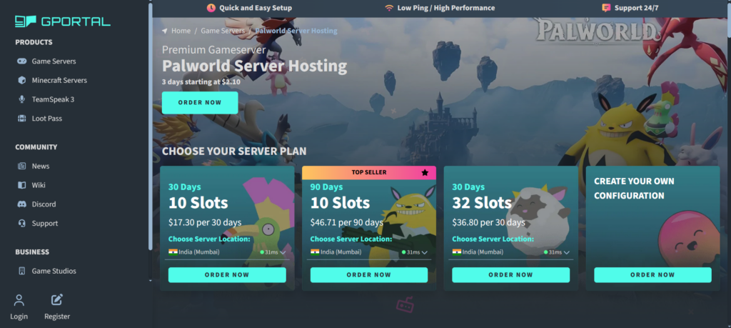 Gportal Palworld hosting page