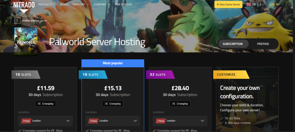 Nitrado Palworld hosting page