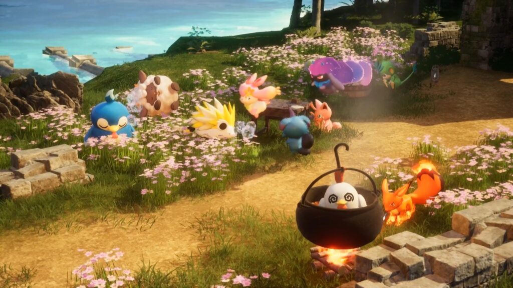Palworld Pals are together near the water