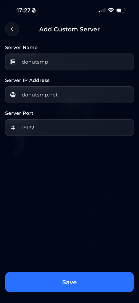Adding a custom server with server IP, name, and port in the BedrockConnect app.