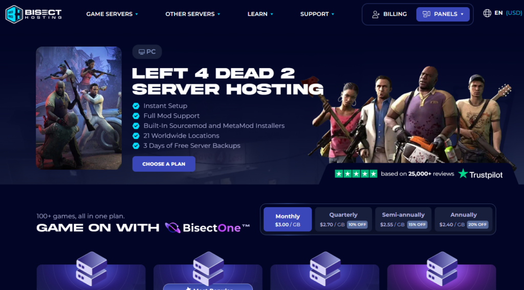 BisectHosting Left 4 dead 2 server hosting webpage