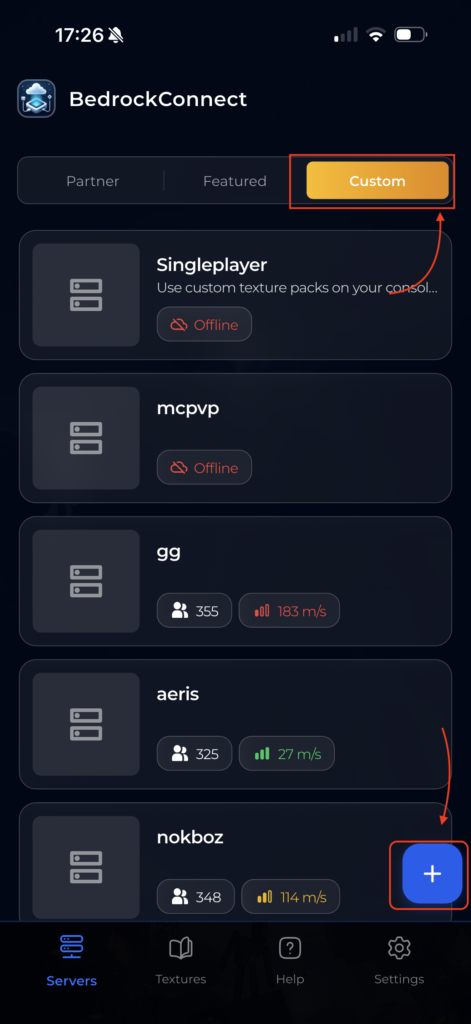 A list of servers added in the BedrockConnect app with an arrow showing the plus icon to add a new server
