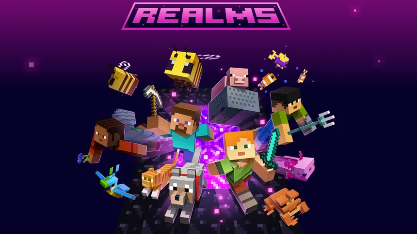 Minecraft characters and mobs coming out of the nether portal with the Minecraft Realms logo on top
