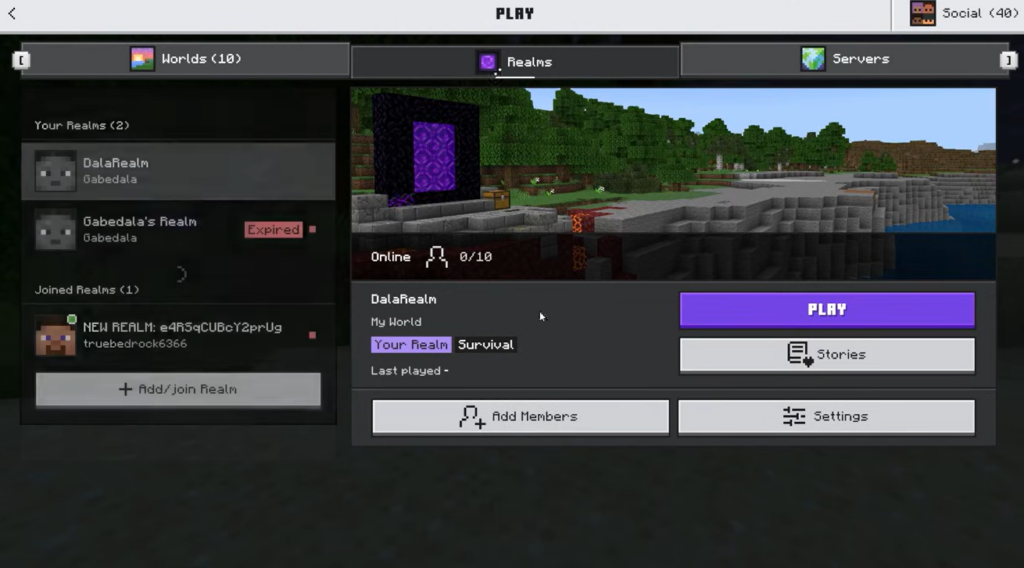 The Minecraft Realms tab showcasing joined realms, created realms, and the Realm's information.