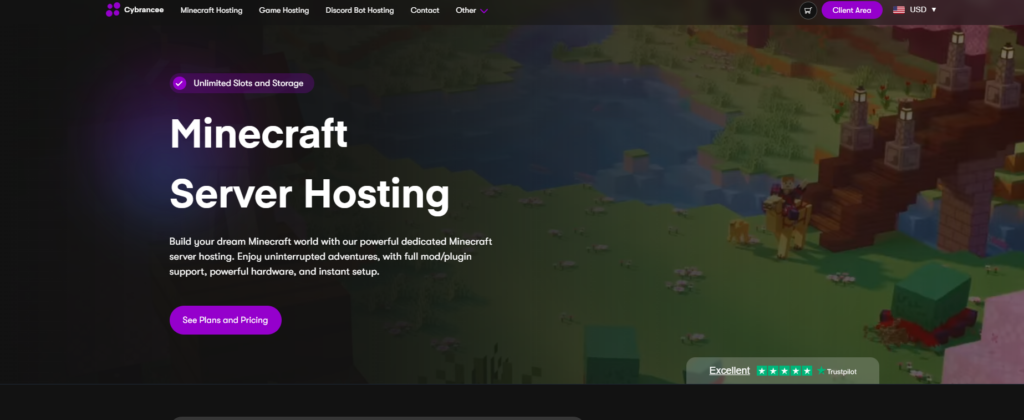 Cybrancee's Minecraft Server Hosting landing page with details and a button to see their plans and pricing