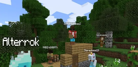 Five Minecraft players building a wooden base in the forest.