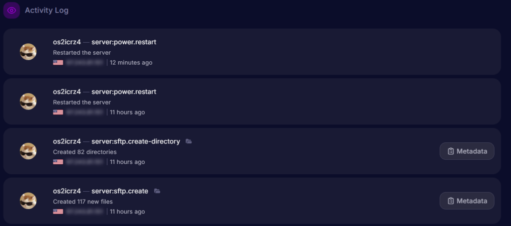 The activity log of changes made to a Minecraft server in the Cybrancee server control panel