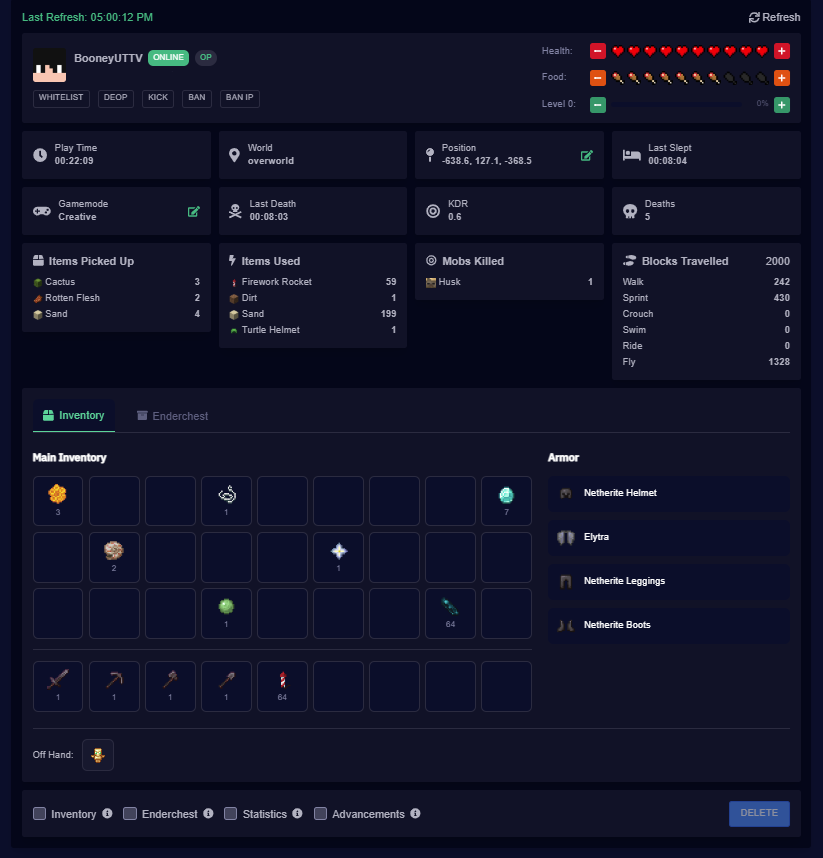 The player manager showing a player's inventory, enderchest, playtime, and more in the Cybrancee control panel