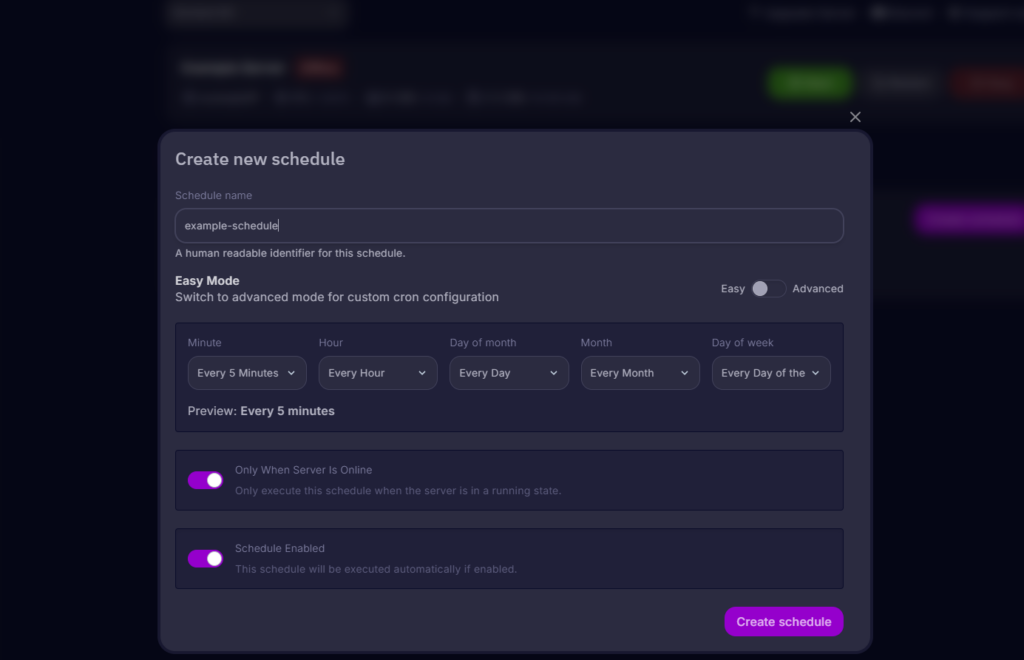 The schedule creator in the Cybrancee control panel