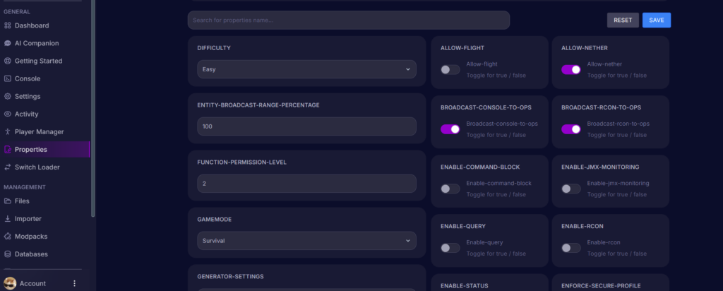 The server.properties options in the Cybrancee server panel