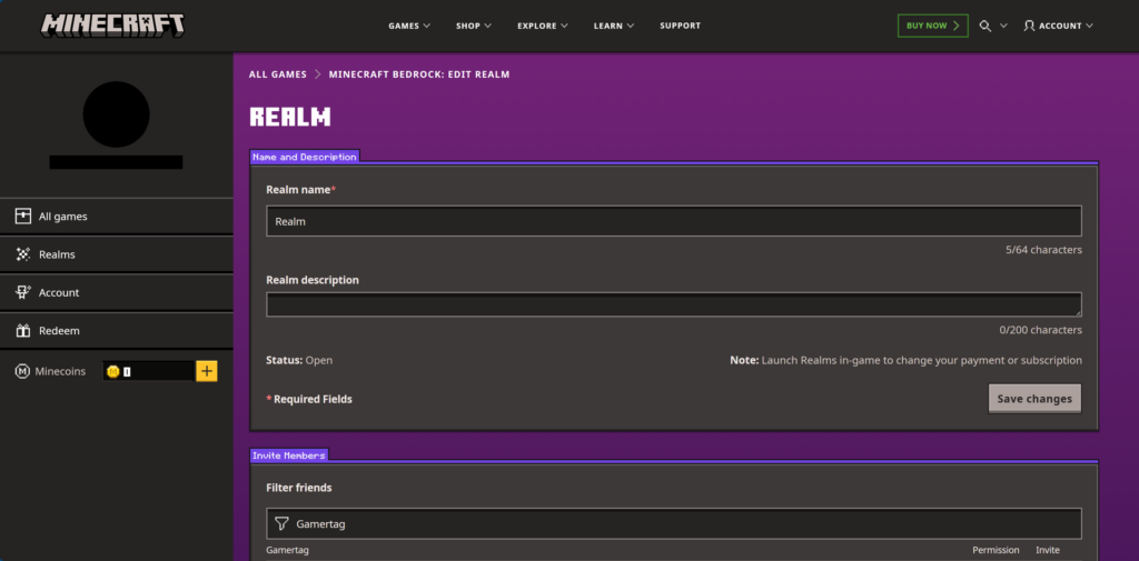 The Minecraft Realm settings on the Minecraft website