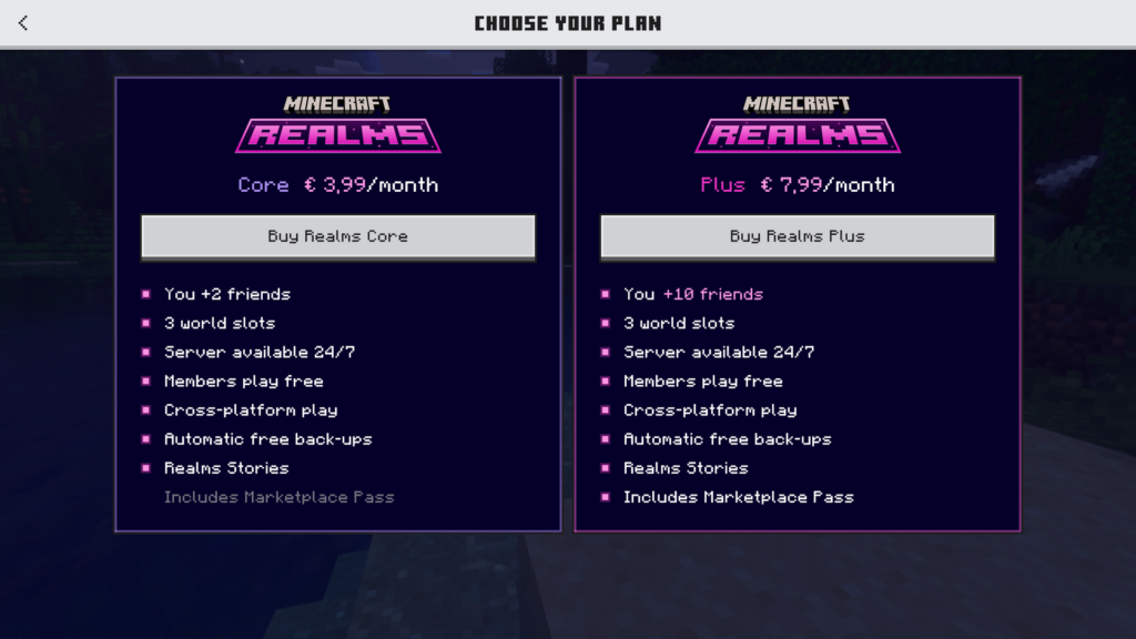 The features of Minecraft Realms Core and Plus side by side when purchasing a Realm