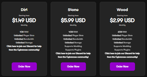 The Dirt, Stone, and Wood plans from Cybrancee Minecraft server hosting
