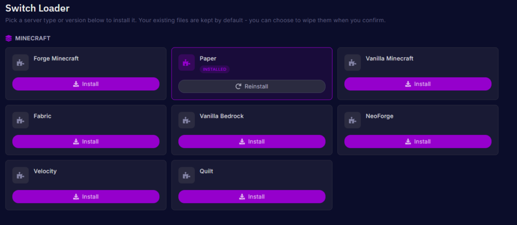 Minecraft server softwares with the paper software selected on the Cybrancee control panel