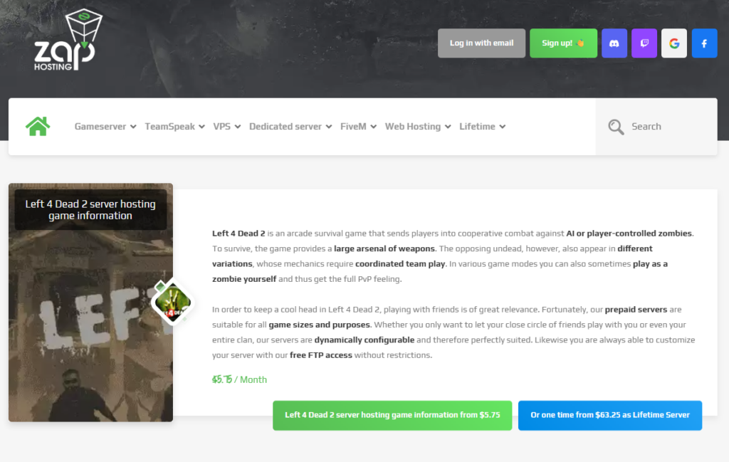 Zap-Hosting Left 4 dead 2 server hosting webpage