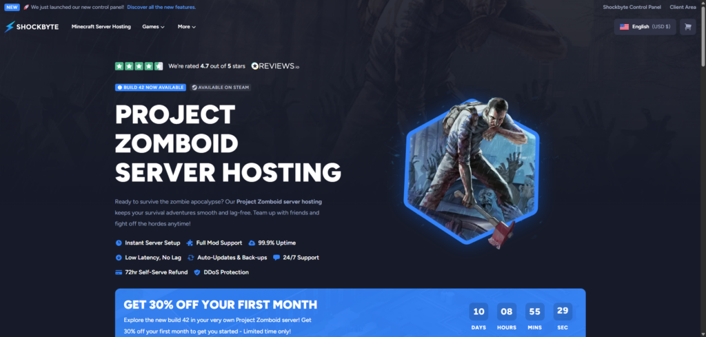 shockbyte project zomboid hosting page